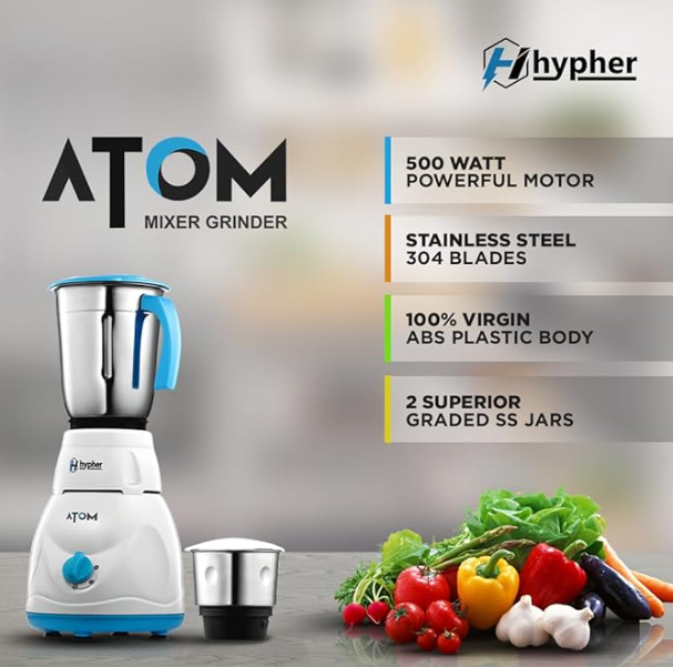 Hypher Atom Mixer Grinder 500 Watt 2 Jar - Image 5
